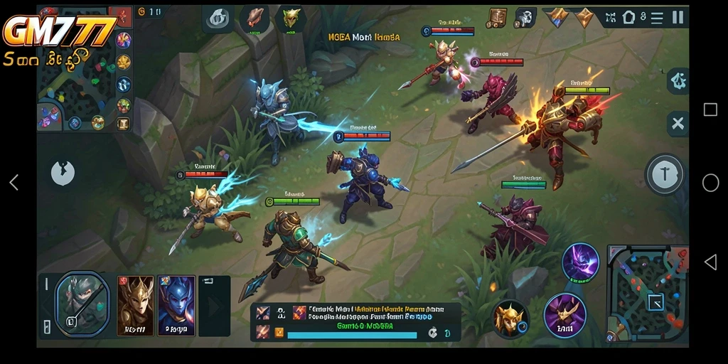 Screenshot gameplay GM777 menampilkan aksi pertarungan seru di arena MOBA.