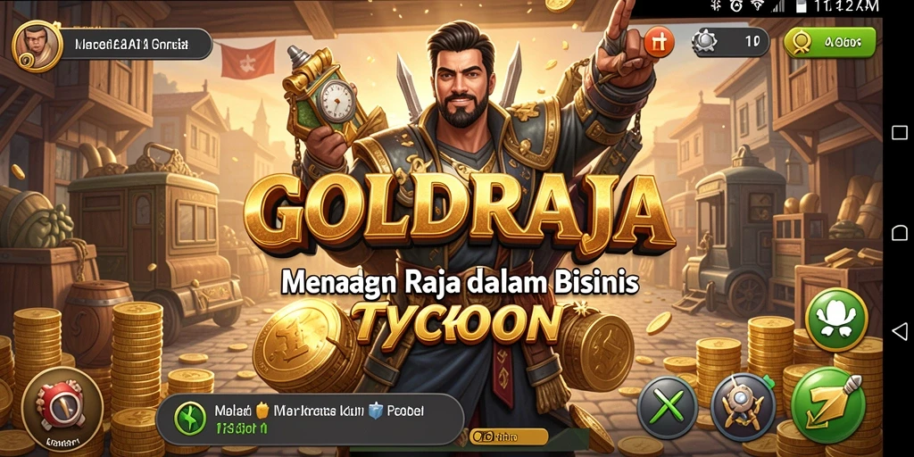 Tampilan gameplay seru dalam GOLDRAJA saat membangun kerajaan bisnis.