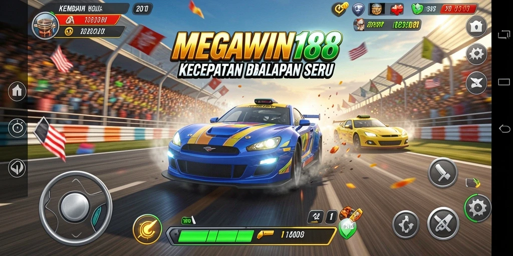 Screenshot gameplay MEGAWIN188 dengan aksi balapan mendebarkan.