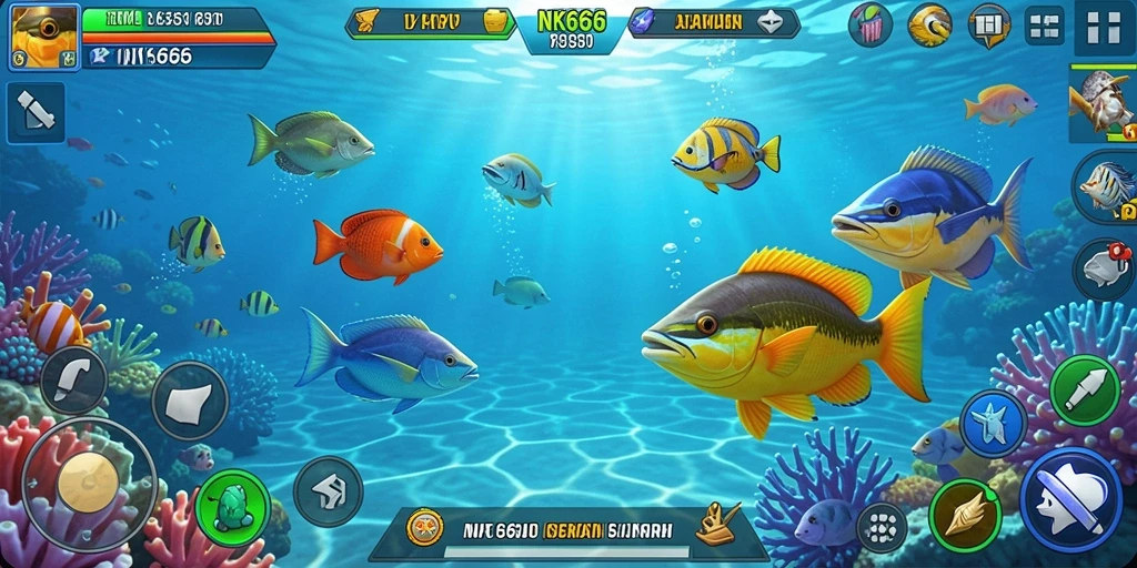 Screenshot NK666 menampilkan aksi menembak ikan dalam suasana lautan yang indah.