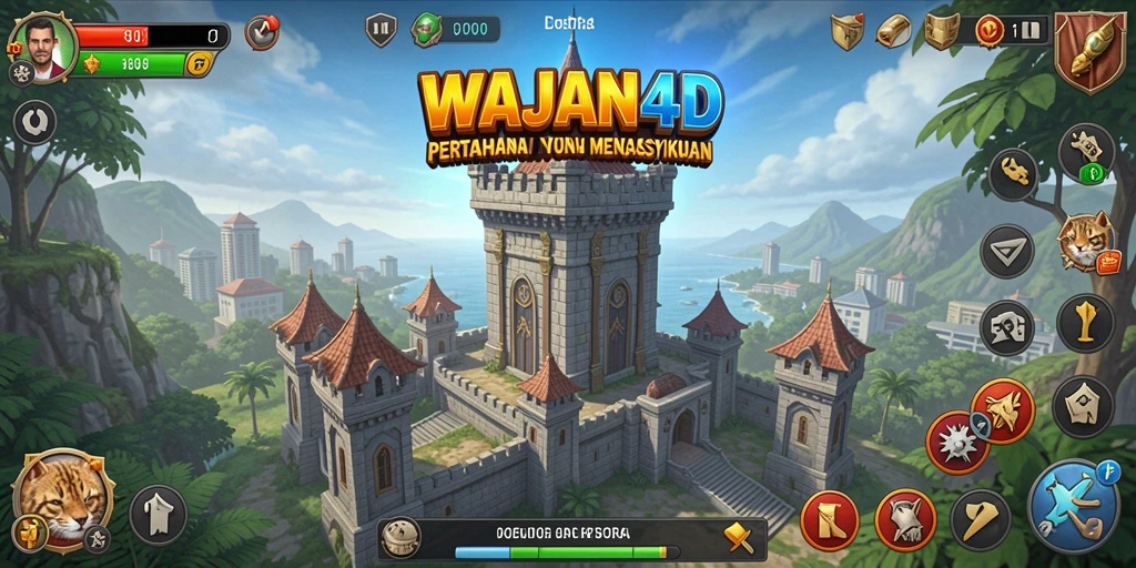 Screenshot gameplay WAJAN4D dengan aksi menara pertahanan yang intens.